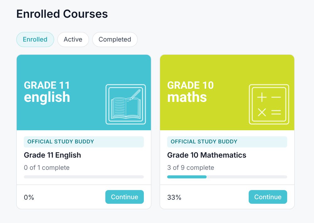 Enrolled courses with progress bars