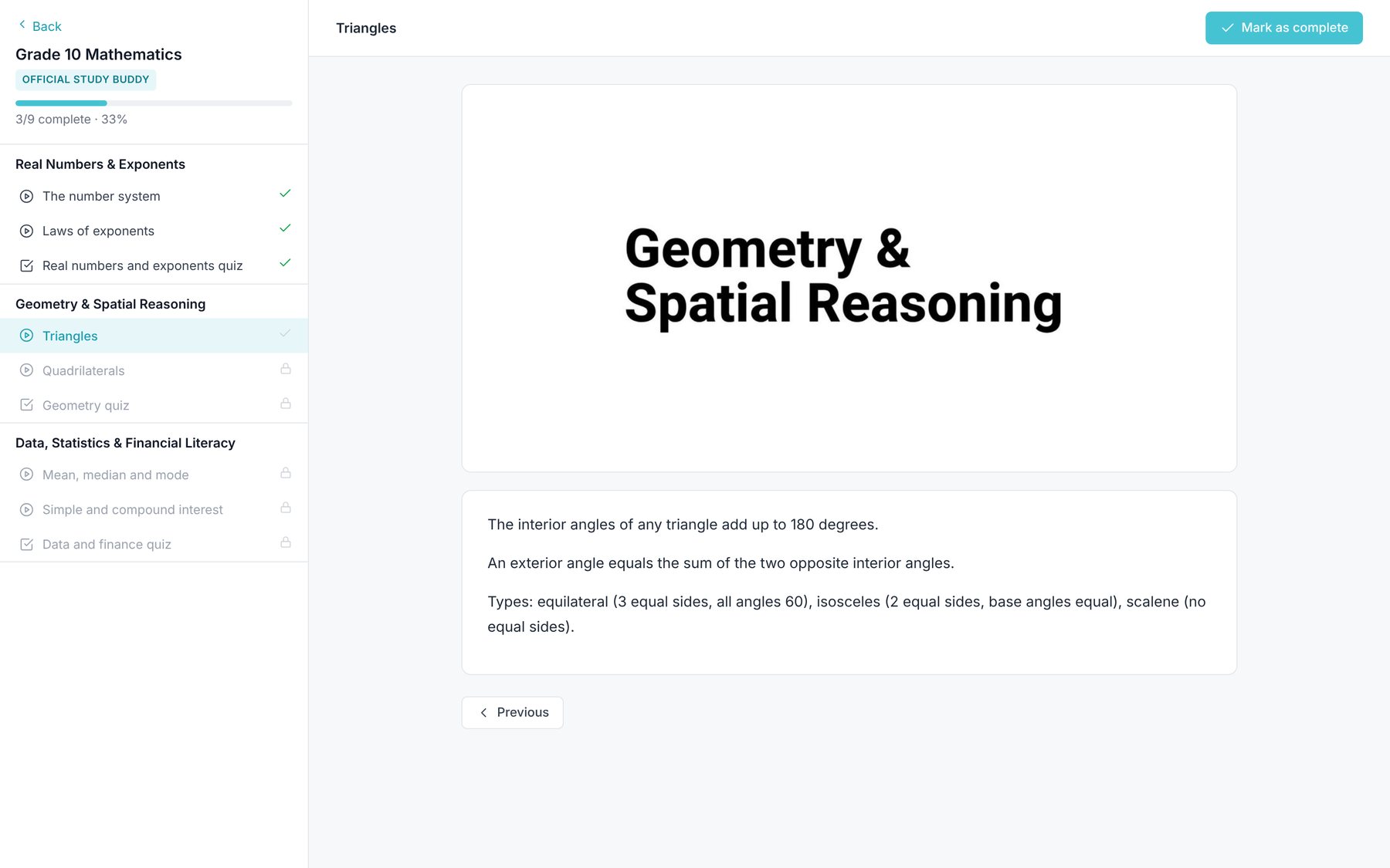 A Study Buddy lesson with the course outline on the left