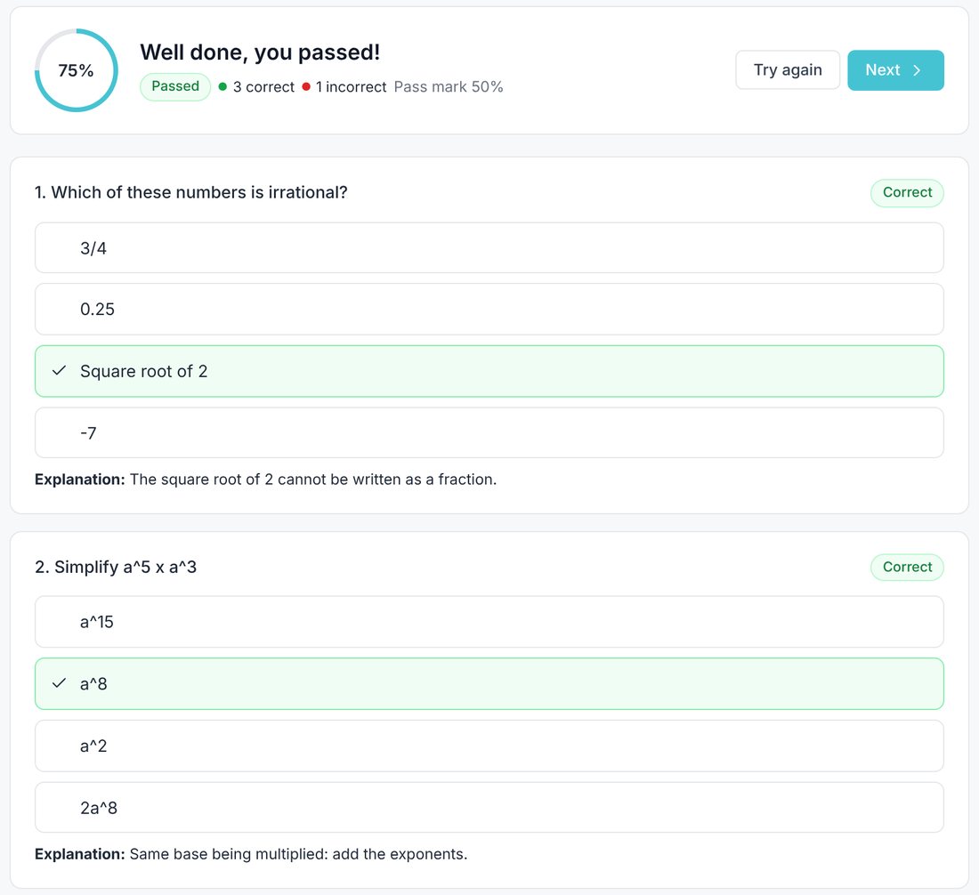 Quiz results with explanations